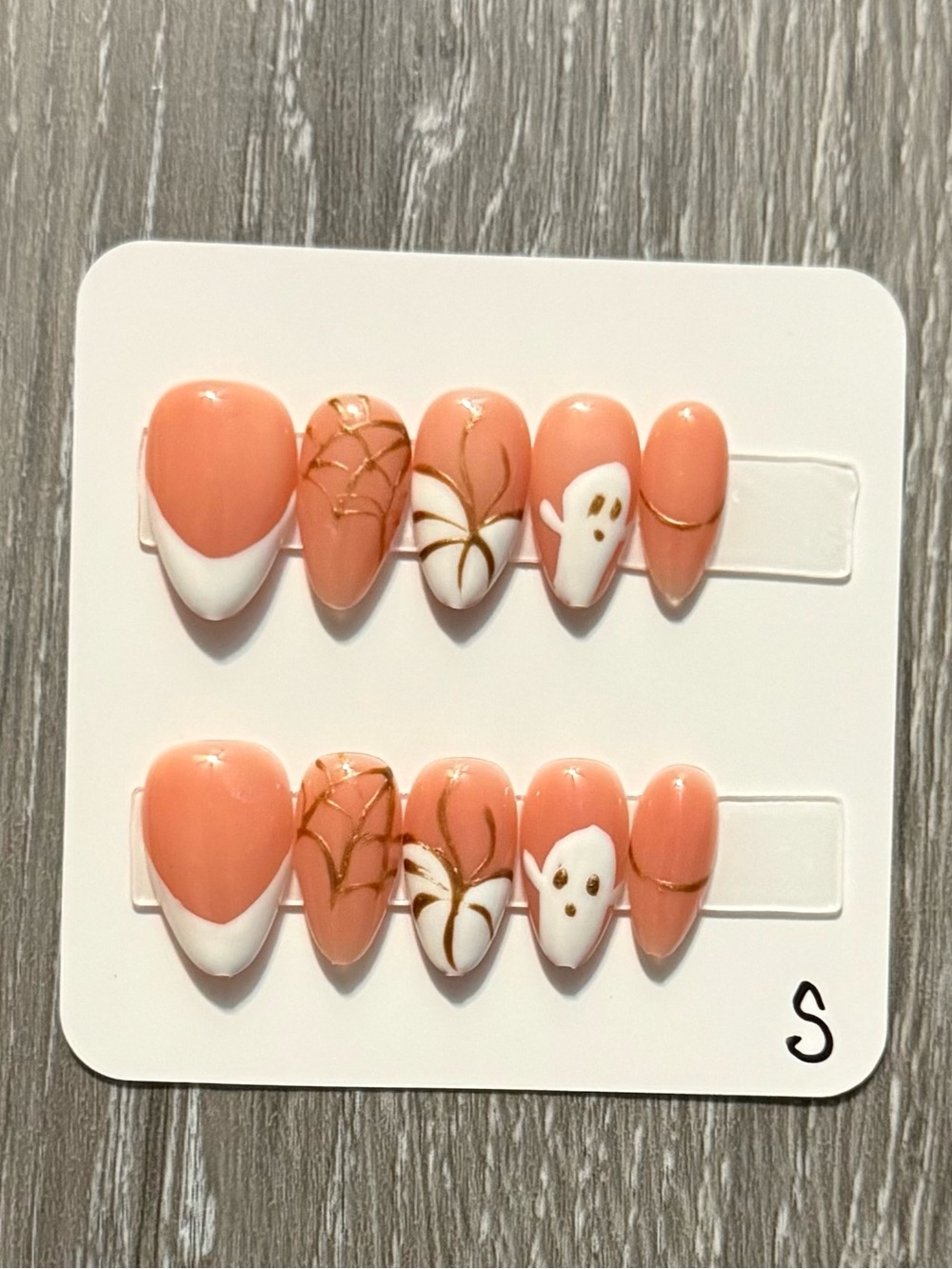 Peach & White Press-On Nail Set with Gold Accents